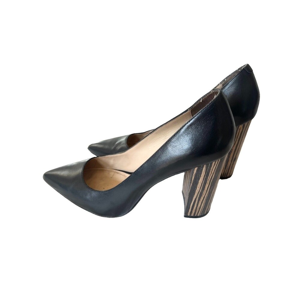 Pour La Victoire Shoes Size 10 Leather Pump Black Pointed Toe Wood Block Heels